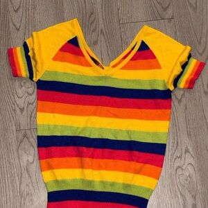 Vintage Colorful Striped Short Sleeve V-Neck Sweater Small